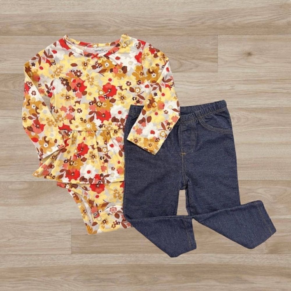 Fall Floral Baby Girl Longsleeve Peplum Bodysuit & Pant Set Size 12 months